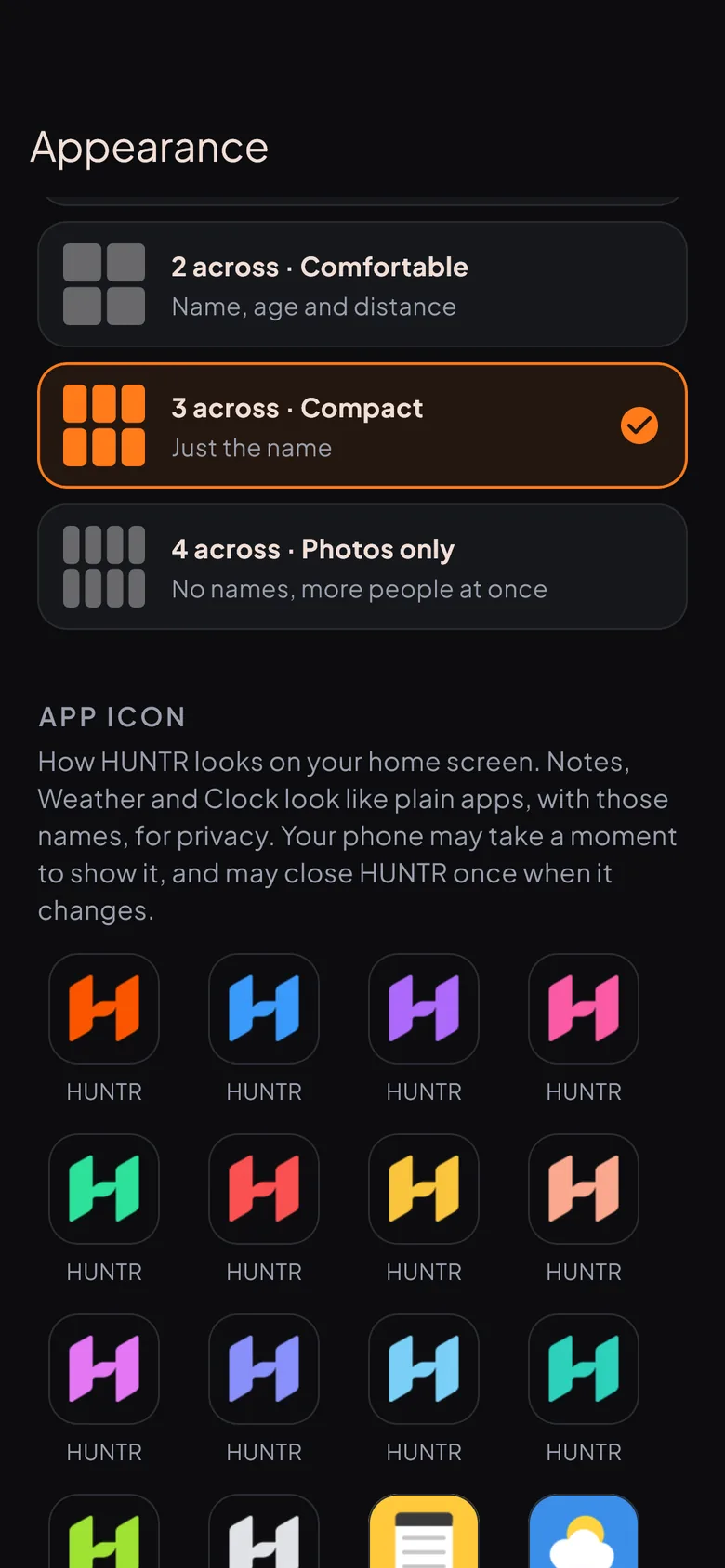 Explore grid sizes and app icons, including Notes and Weather