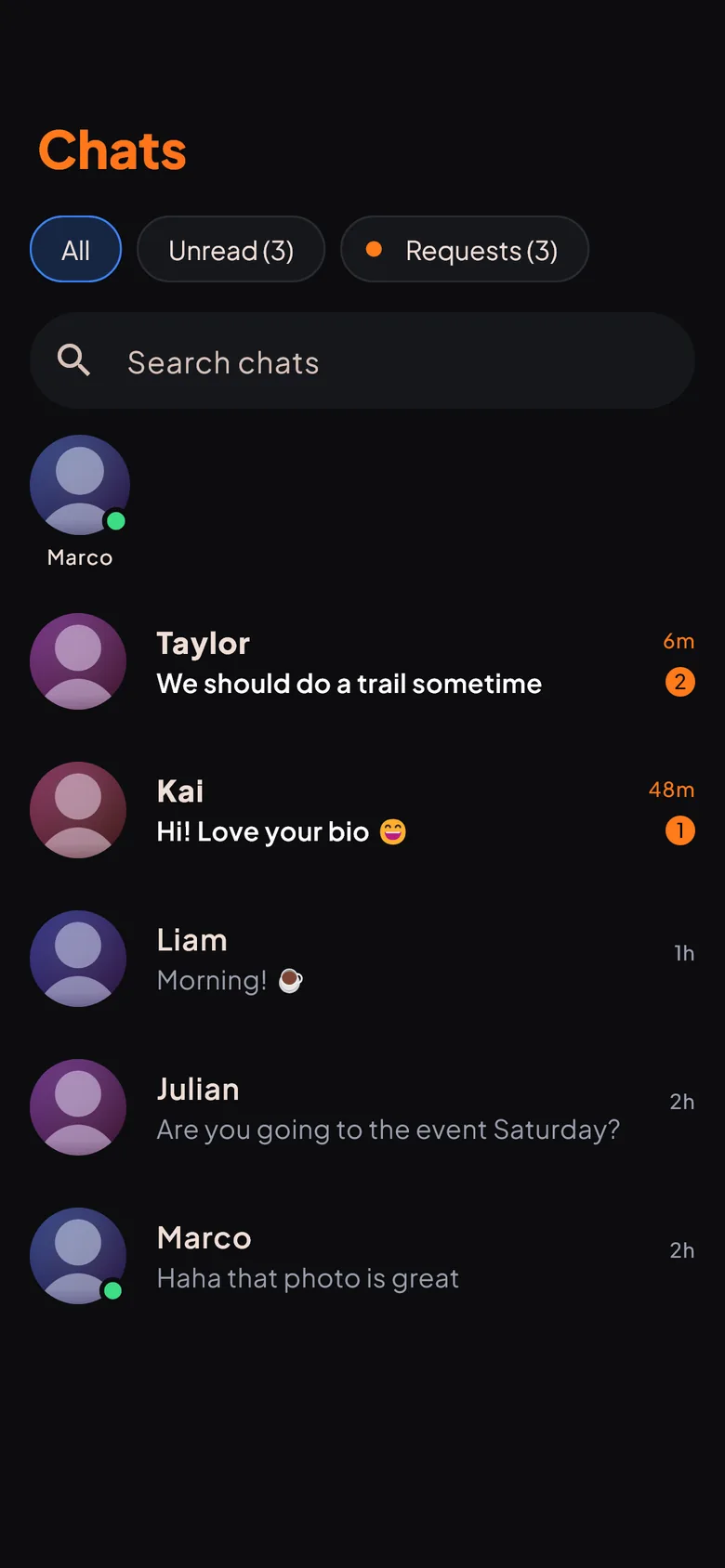 HUNTR chats list with new messages and chat requests