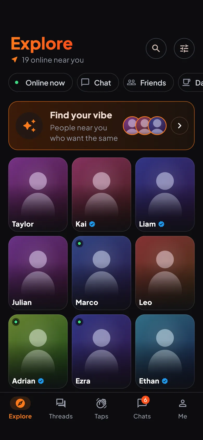 HUNTR Explore screen: gay and bi guys near you, closest first