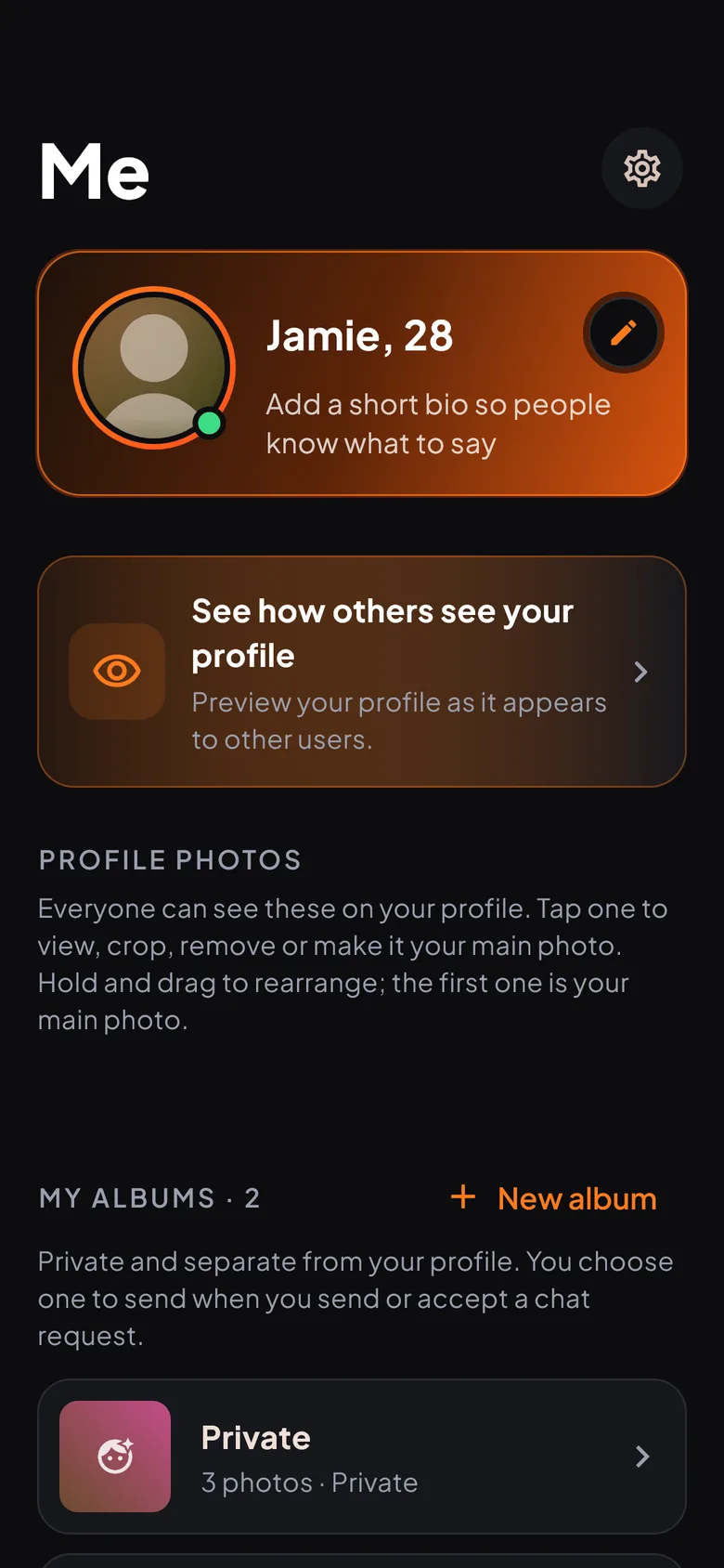 The Me tab: your profile card, a preview of how others see you, and your albums